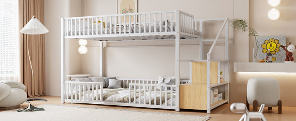English Elm Twin Steel Bunk Bed with Storage Ladder Safety Rails and Compact Low Profile Frame White N7500000676K
