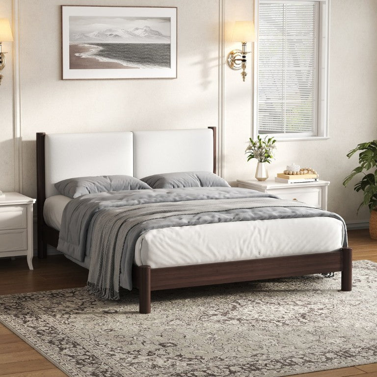 English Elm Wooden Queen Platform Bed Solid Frame PU Leather Headboard Scandinavian Modern Espresso N7500000753P