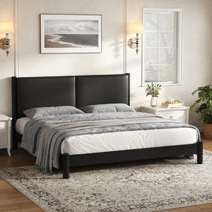English Elm Wooden King Platform Bed Solid Frame PU Leather Headboard Minimalist Modern Suite Black N7500000754B