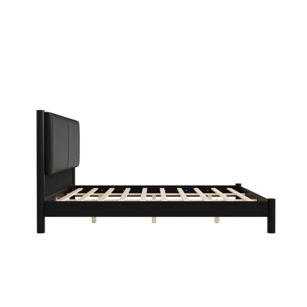 English Elm Wooden King Platform Bed Solid Frame PU Leather Headboard Minimalist Modern Suite Black N7500000754B