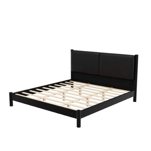English Elm Wooden King Platform Bed Solid Frame PU Leather Headboard Minimalist Modern Suite Black N7500000754B