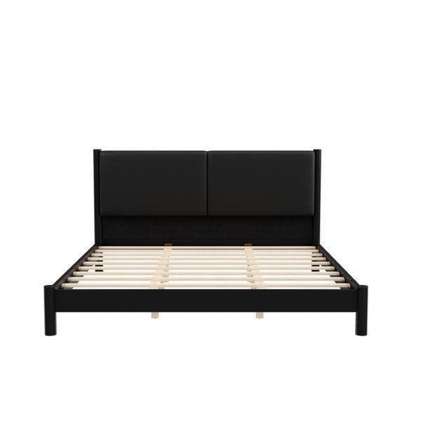 English Elm Wooden King Platform Bed Solid Frame PU Leather Headboard Minimalist Modern Suite Black N7500000754B