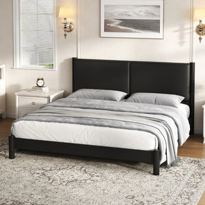 English Elm Wooden King Platform Bed Solid Frame PU Leather Headboard Minimalist Modern Suite Black N7500000754B