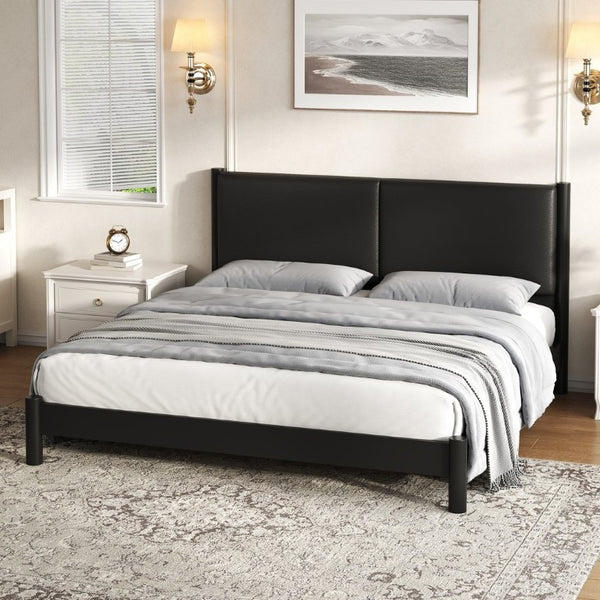 English Elm Wooden King Platform Bed Solid Frame PU Leather Headboard Minimalist Modern Suite Black N7500000754B