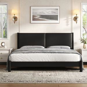 English Elm Wooden King Platform Bed Solid Frame PU Leather Headboard Minimalist Modern Suite Black N7500000754B