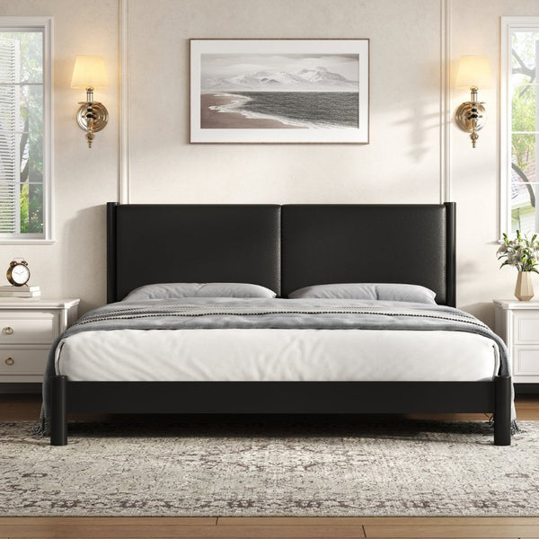 English Elm Wooden King Platform Bed Solid Frame PU Leather Headboard Minimalist Modern Suite Black N7500000754B