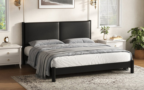 English Elm Wooden King Platform Bed Solid Frame PU Leather Headboard Minimalist Modern Suite Black N7500000754B