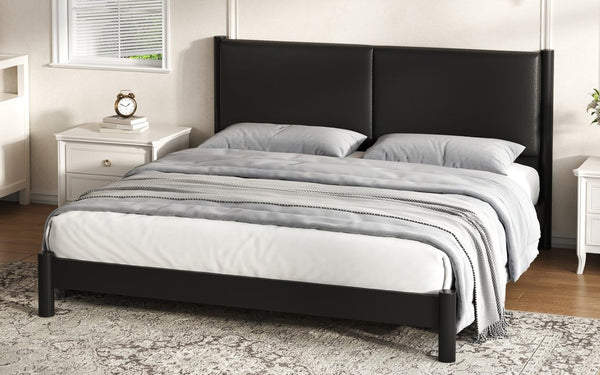 English Elm Wooden King Platform Bed Solid Frame PU Leather Headboard Minimalist Modern Suite Black N7500000754B