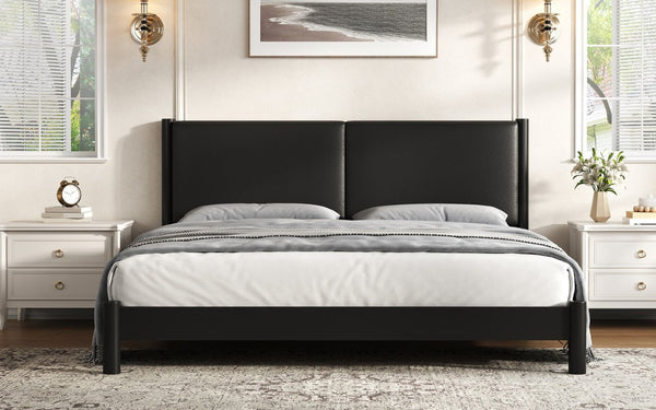 English Elm Wooden King Platform Bed Solid Frame PU Leather Headboard Minimalist Modern Suite Black N7500000754B