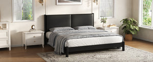 English Elm Wooden King Platform Bed Solid Frame PU Leather Headboard Minimalist Modern Suite Black N7500000754B