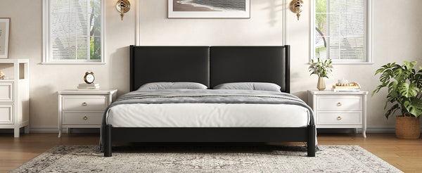English Elm Wooden King Platform Bed Solid Frame PU Leather Headboard Minimalist Modern Suite Black N7500000754B