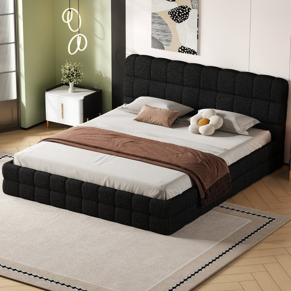 English Elm King Berber Fleece Upholstered Platform Bed Low Profile Foam Headboard Modern Frame Black N7500001525B