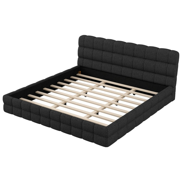 English Elm King Berber Fleece Upholstered Platform Bed Low Profile Foam Headboard Modern Frame Black N7500001525B