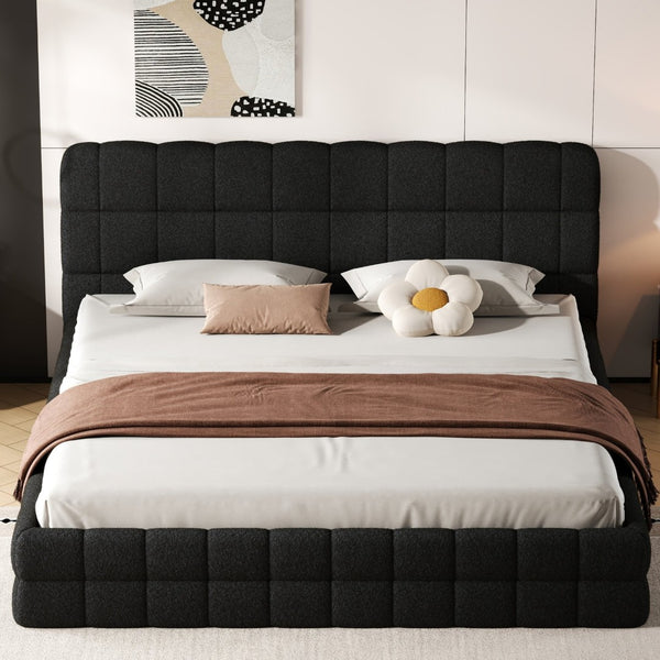 English Elm King Berber Fleece Upholstered Platform Bed Low Profile Foam Headboard Modern Frame Black N7500001525B