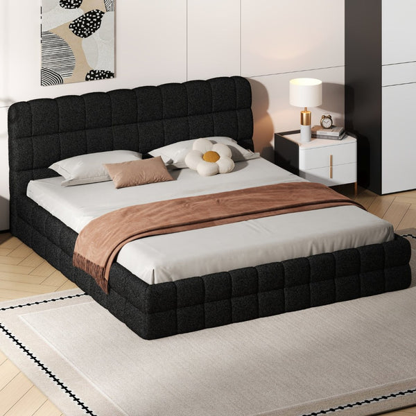English Elm King Berber Fleece Upholstered Platform Bed Low Profile Foam Headboard Modern Frame Black N7500001525B