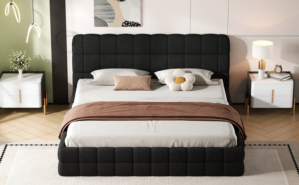English Elm King Berber Fleece Upholstered Platform Bed Low Profile Foam Headboard Modern Frame Black N7500001525B