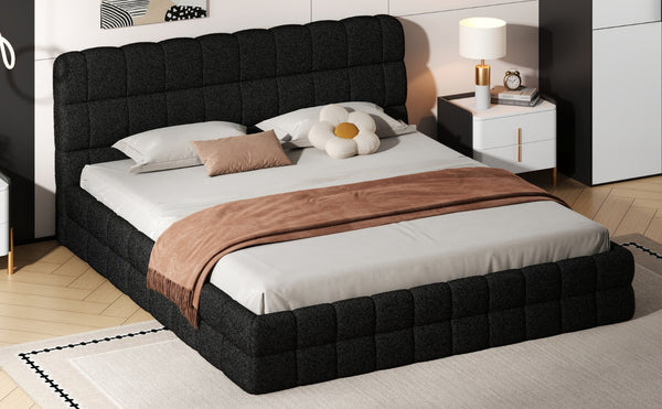 English Elm King Berber Fleece Upholstered Platform Bed Low Profile Foam Headboard Modern Frame Black N7500001525B