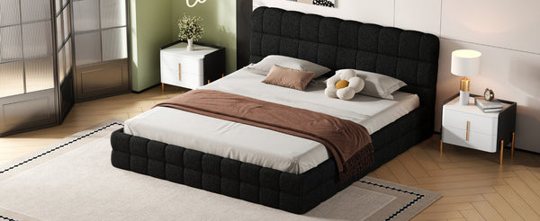 English Elm King Berber Fleece Upholstered Platform Bed Low Profile Foam Headboard Modern Frame Black N7500001525B