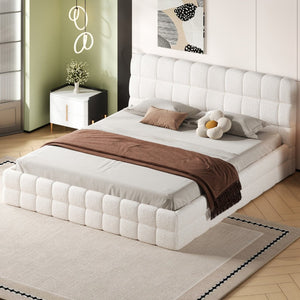 English Elm King Berber Fleece Upholstered Platform Bed Low Profile Foam Headboard Modern Frame White N7500001525K