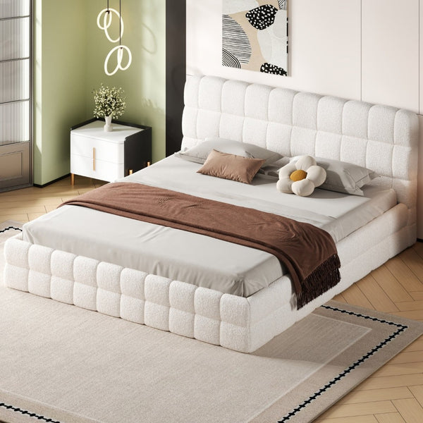 English Elm King Berber Fleece Upholstered Platform Bed Low Profile Foam Headboard Modern Frame White N7500001525K