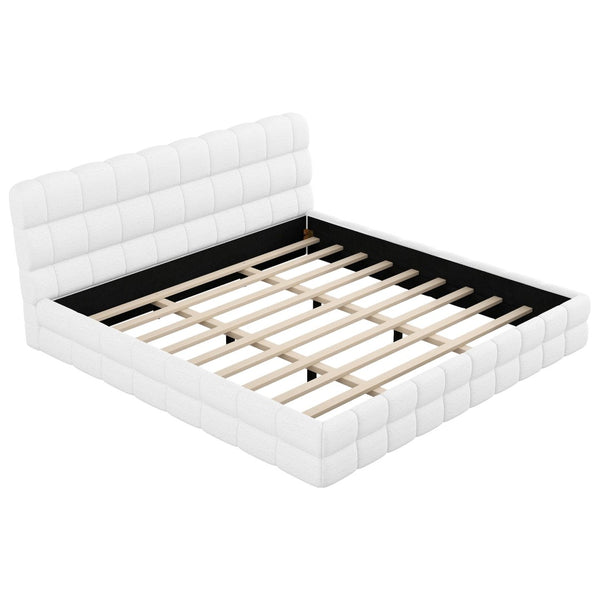 English Elm King Berber Fleece Upholstered Platform Bed Low Profile Foam Headboard Modern Frame White N7500001525K