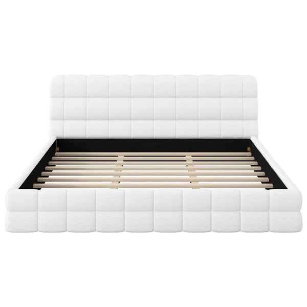 English Elm King Berber Fleece Upholstered Platform Bed Low Profile Foam Headboard Modern Frame White N7500001525K