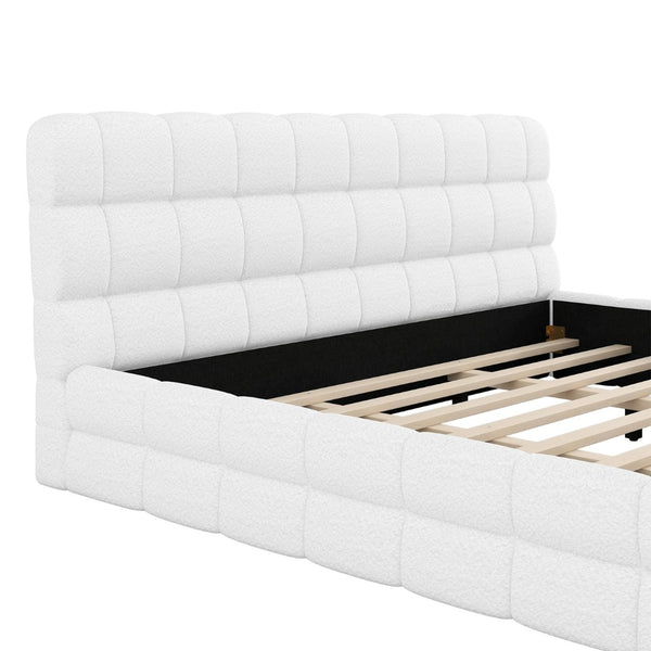 English Elm King Berber Fleece Upholstered Platform Bed Low Profile Foam Headboard Modern Frame White N7500001525K