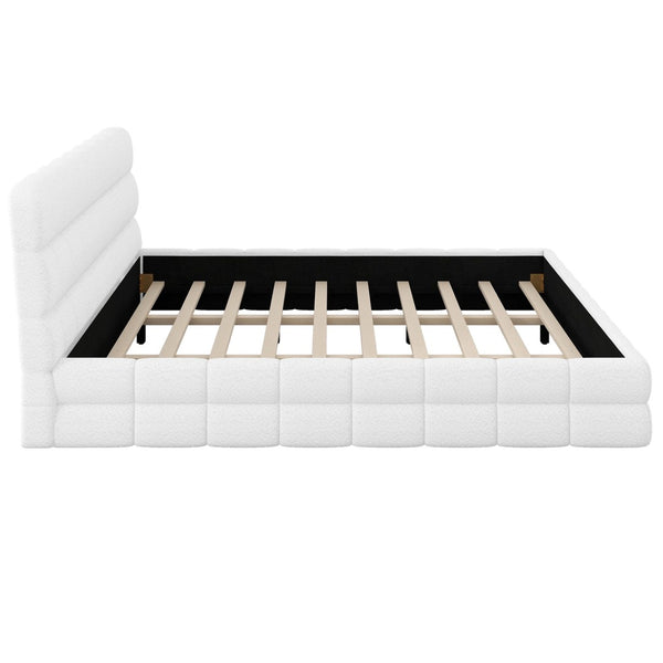 English Elm King Berber Fleece Upholstered Platform Bed Low Profile Foam Headboard Modern Frame White N7500001525K