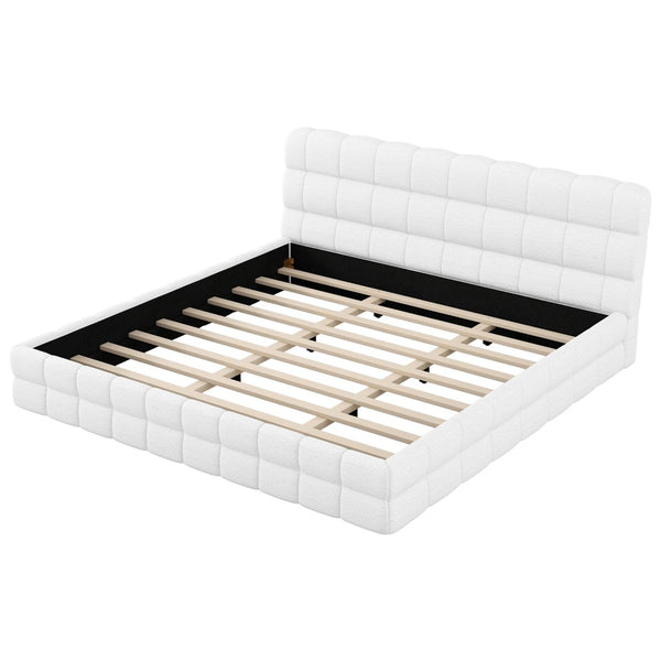 English Elm King Berber Fleece Upholstered Platform Bed Low Profile Foam Headboard Modern Frame White N7500001525K