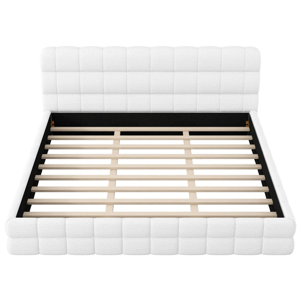 English Elm King Berber Fleece Upholstered Platform Bed Low Profile Foam Headboard Modern Frame White N7500001525K