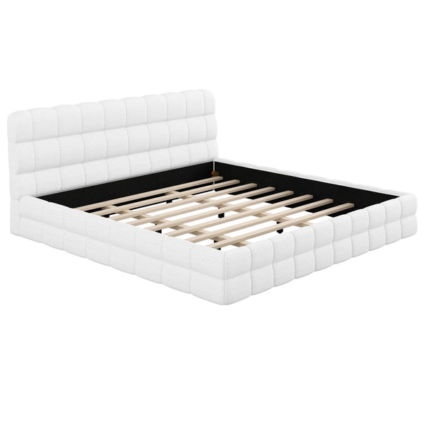 English Elm King Berber Fleece Upholstered Platform Bed Low Profile Foam Headboard Modern Frame White N7500001525K