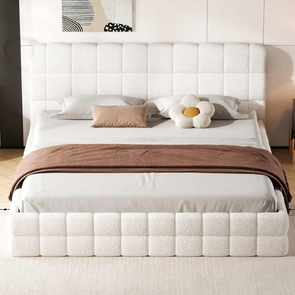 English Elm King Berber Fleece Upholstered Platform Bed Low Profile Foam Headboard Modern Frame White N7500001525K
