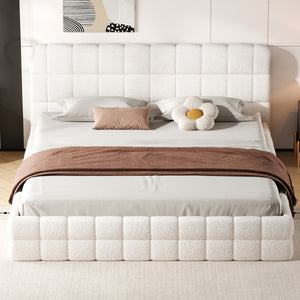 English Elm King Berber Fleece Upholstered Platform Bed Low Profile Foam Headboard Modern Frame White N7500001525K