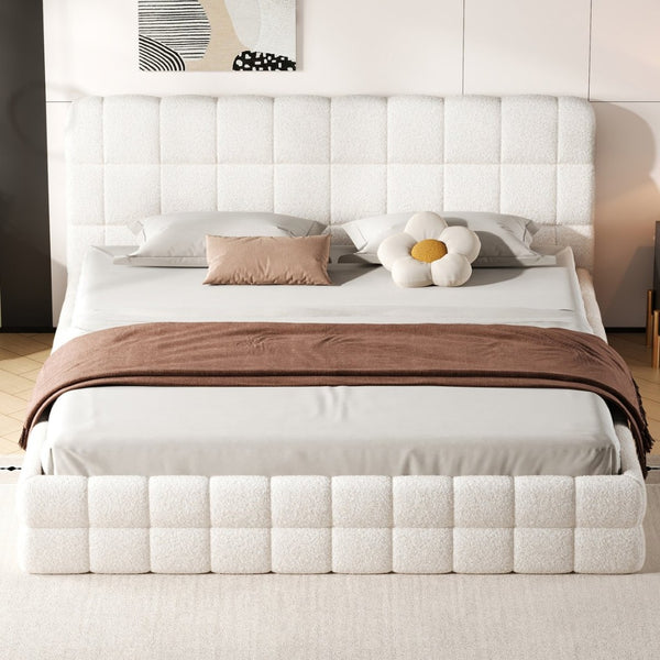 English Elm King Berber Fleece Upholstered Platform Bed Low Profile Foam Headboard Modern Frame White N7500001525K