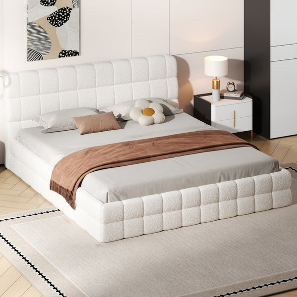 English Elm King Berber Fleece Upholstered Platform Bed Low Profile Foam Headboard Modern Frame White N7500001525K