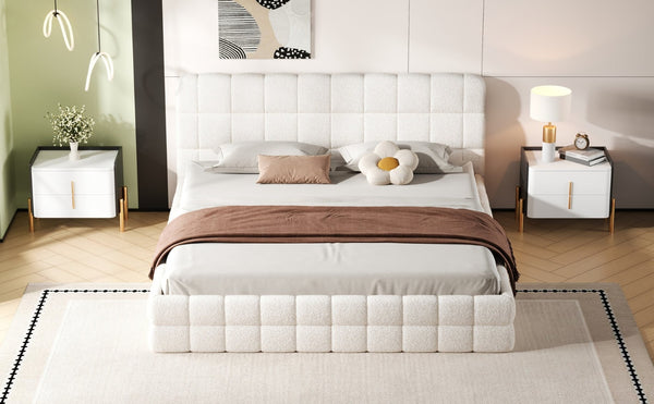 English Elm King Berber Fleece Upholstered Platform Bed Low Profile Foam Headboard Modern Frame White N7500001525K
