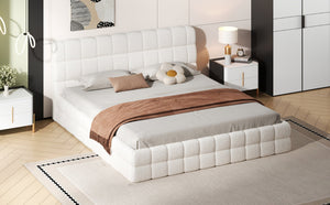 English Elm King Berber Fleece Upholstered Platform Bed Low Profile Foam Headboard Modern Frame White N7500001525K