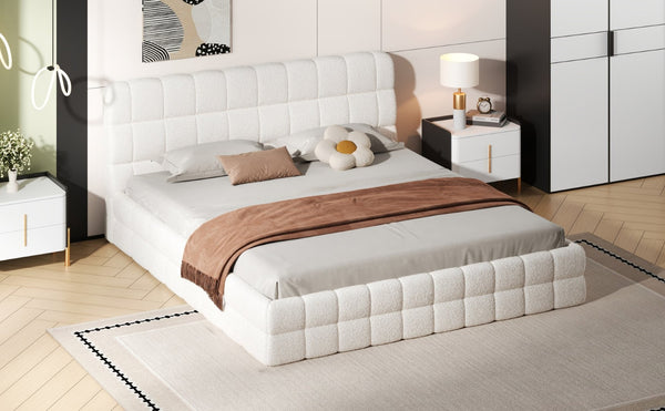 English Elm King Berber Fleece Upholstered Platform Bed Low Profile Foam Headboard Modern Frame White N7500001525K