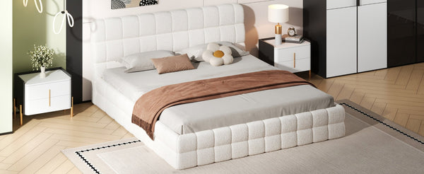 English Elm King Berber Fleece Upholstered Platform Bed Low Profile Foam Headboard Modern Frame White N7500001525K
