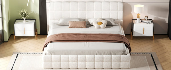 English Elm King Berber Fleece Upholstered Platform Bed Low Profile Foam Headboard Modern Frame White N7500001525K