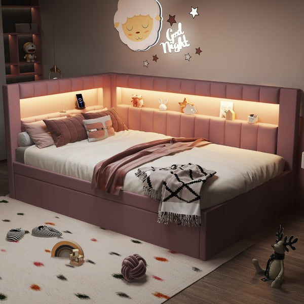 English Elm Upholstered Twin Trundle Bed with LED Lighting and USB Ports for Teen Bedrooms N7500001919H