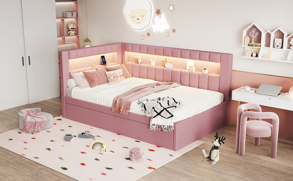 English Elm Upholstered Twin Trundle Bed with LED Lighting and USB Ports for Teen Bedrooms N7500001919H