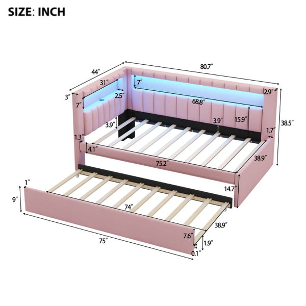 English Elm Upholstered Twin Trundle Bed with LED Lighting and USB Ports for Teen Bedrooms N7500001919H