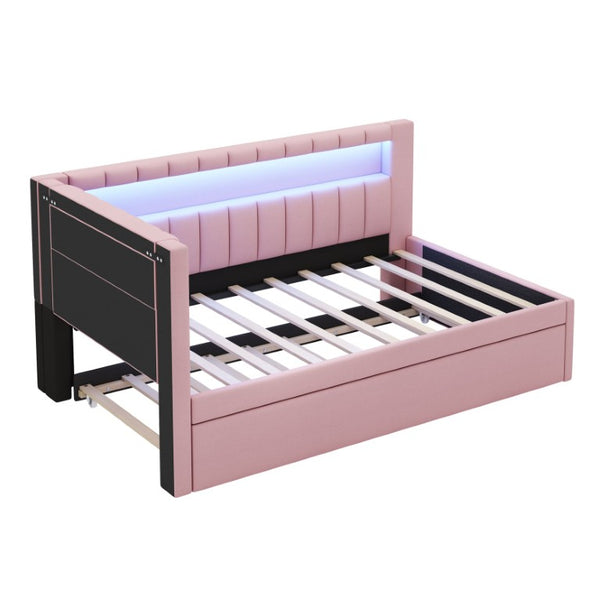 English Elm Upholstered Twin Trundle Bed with LED Lighting and USB Ports for Teen Bedrooms N7500001919H