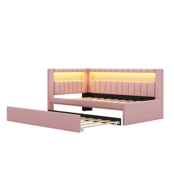 English Elm Upholstered Twin Trundle Bed with LED Lighting and USB Ports for Teen Bedrooms N7500001919H
