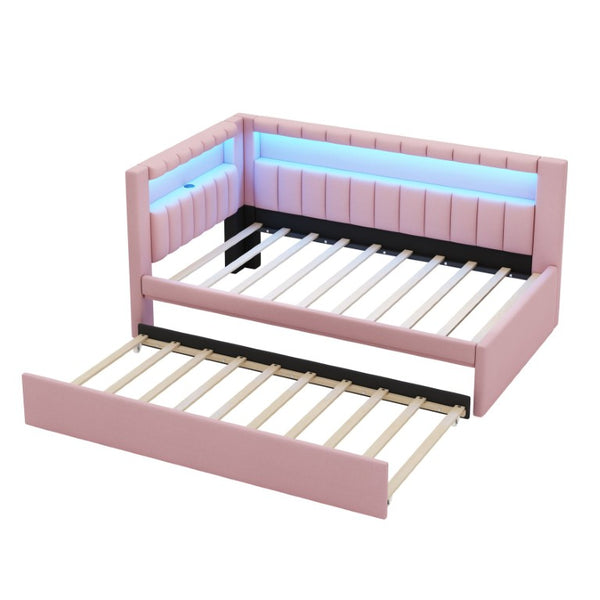 English Elm Upholstered Twin Trundle Bed with LED Lighting and USB Ports for Teen Bedrooms N7500001919H