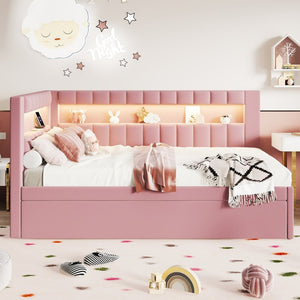 English Elm Upholstered Twin Trundle Bed with LED Lighting and USB Ports for Teen Bedrooms N7500001919H