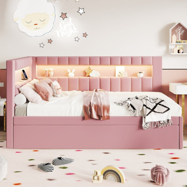 English Elm Upholstered Twin Trundle Bed with LED Lighting and USB Ports for Teen Bedrooms N7500001919H
