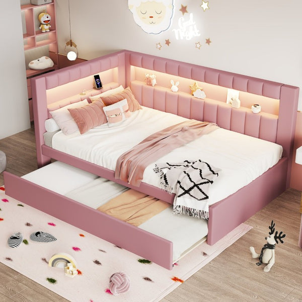 English Elm Upholstered Twin Trundle Bed with LED Lighting and USB Ports for Teen Bedrooms N7500001919H