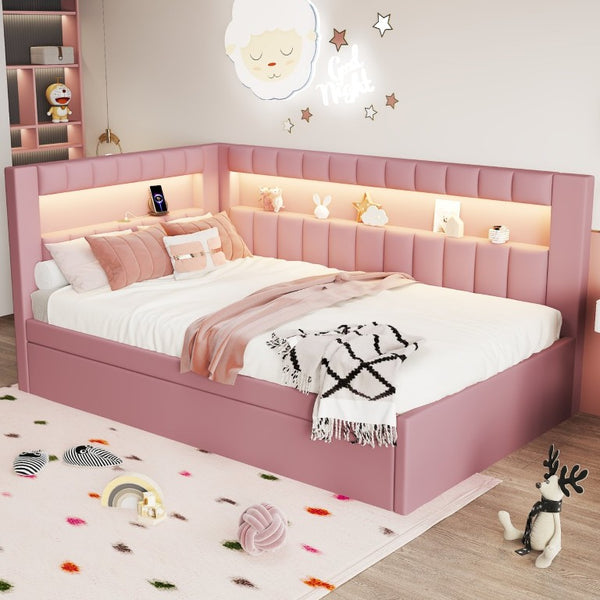 English Elm Upholstered Twin Trundle Bed with LED Lighting and USB Ports for Teen Bedrooms N7500001919H
